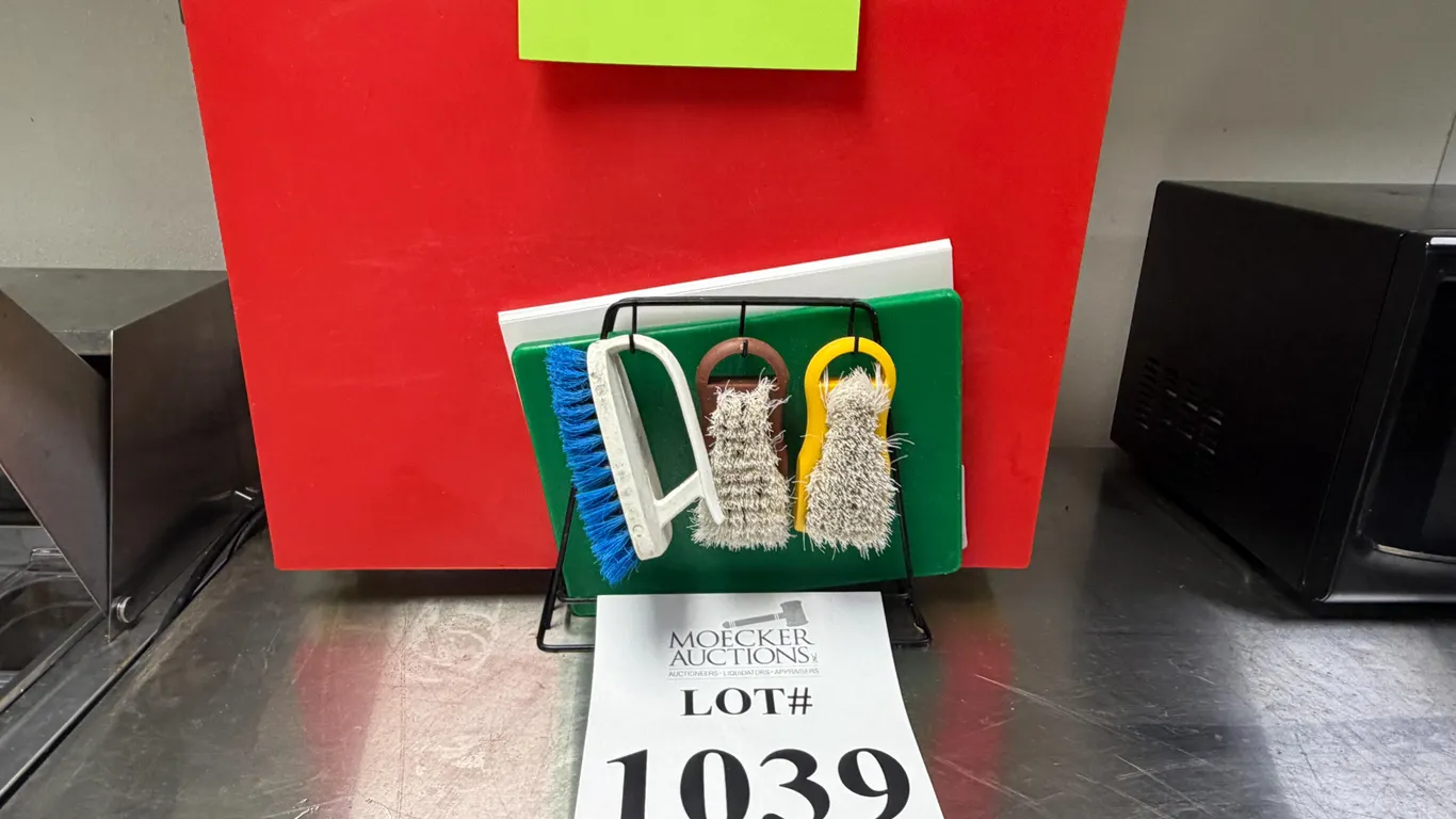 ASSORTED PLASTIC CUTTING BOARDS W/ VERTICAL STAND