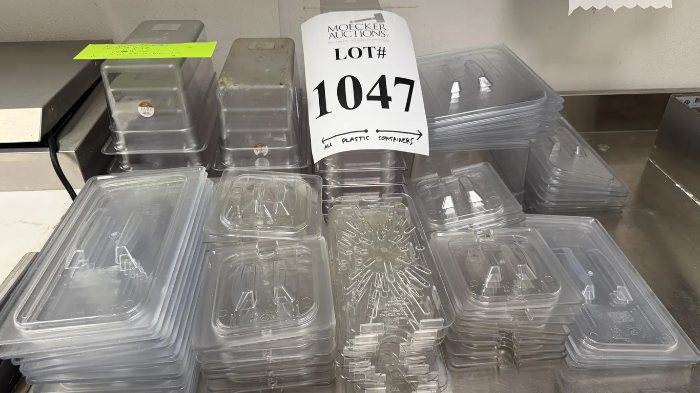 ASSORTED SIZE PLASTIC DROP IN BINS W/ COVERS