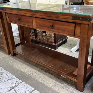 WOOD 2-DRAWER GLASS TOP HALL TABLE 50" X 16" X 30"