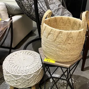 MODERN METAL & WOOD END TABLE, WOVEN BASKET & WOOD & CROCHET TOP FOOT REST