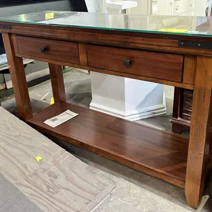WOOD 2-DRAWER GLASS TOP HALL TABLE 50" X 16" X 30"