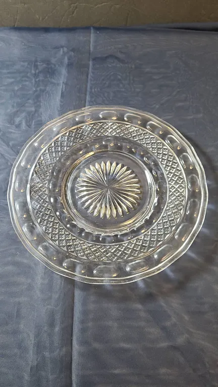 Clear Pressed Glass Plate with 4 Mold Patterned Design