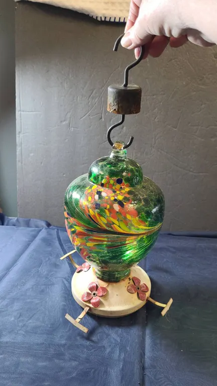 Hand-Blown Glass Hummingbird Feeder With Metal Accents