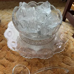 Glass punch bowl with servings ladle, and glass cups