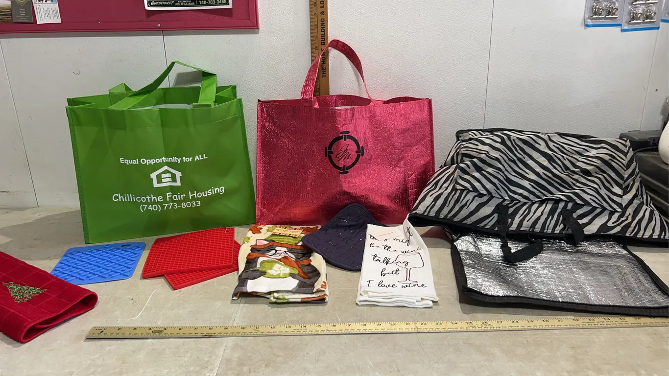 Tote Bags, Hand Towels (Some New), & Zebra Insulated Bag