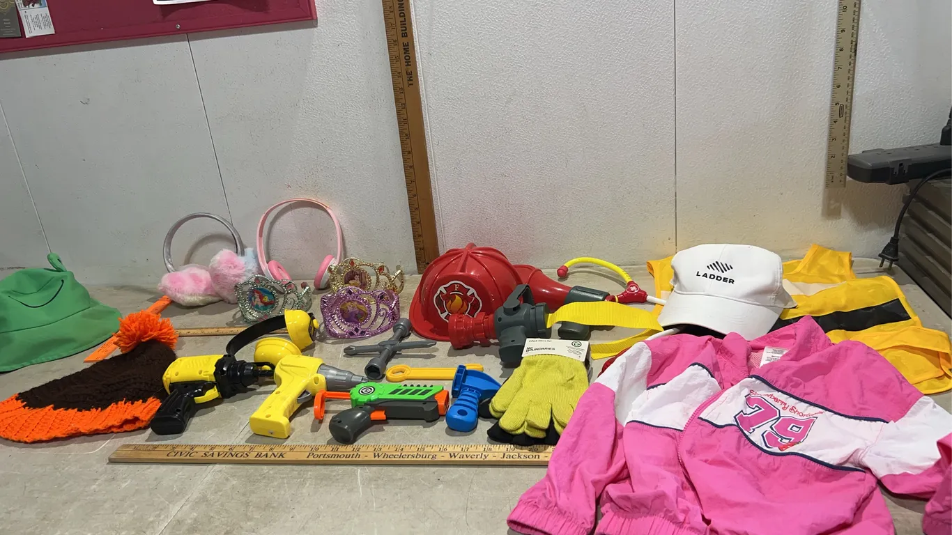 Kids Tiara's, Fire Fighter Hat, Hot Wheels Tools, Earmuffs, 4T Strawberry Shortcake Jacket, Etc.