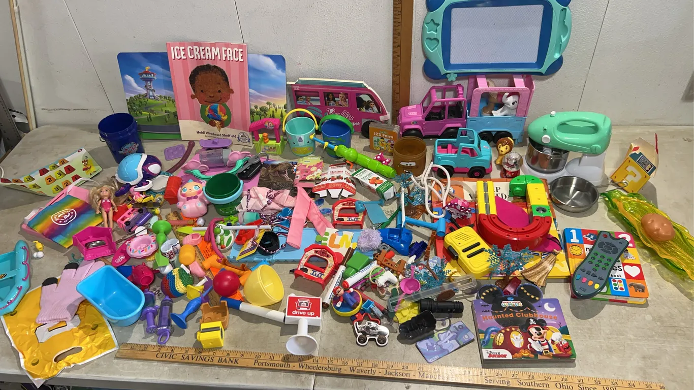 Assorted Toys, Books, Barbie, Safari Vehicle & Trailer, Etc.