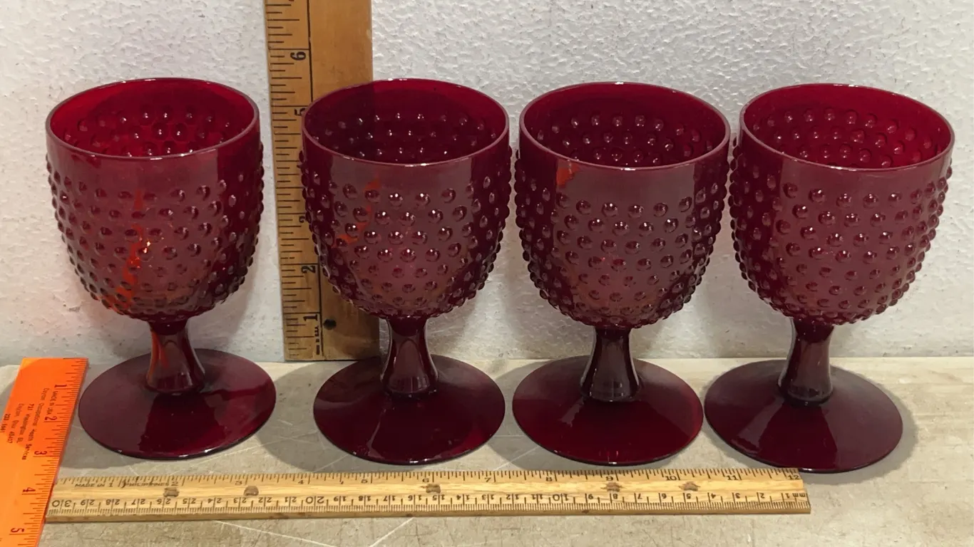 4 Vintage Fenton Hobnail Ruby Red Glass Goblets