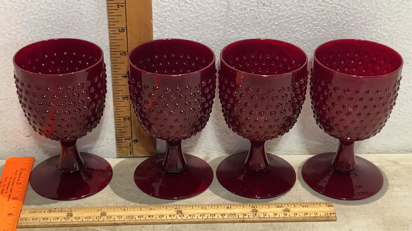 4 Vintage Fenton Hobnail Ruby Red Glass Goblets