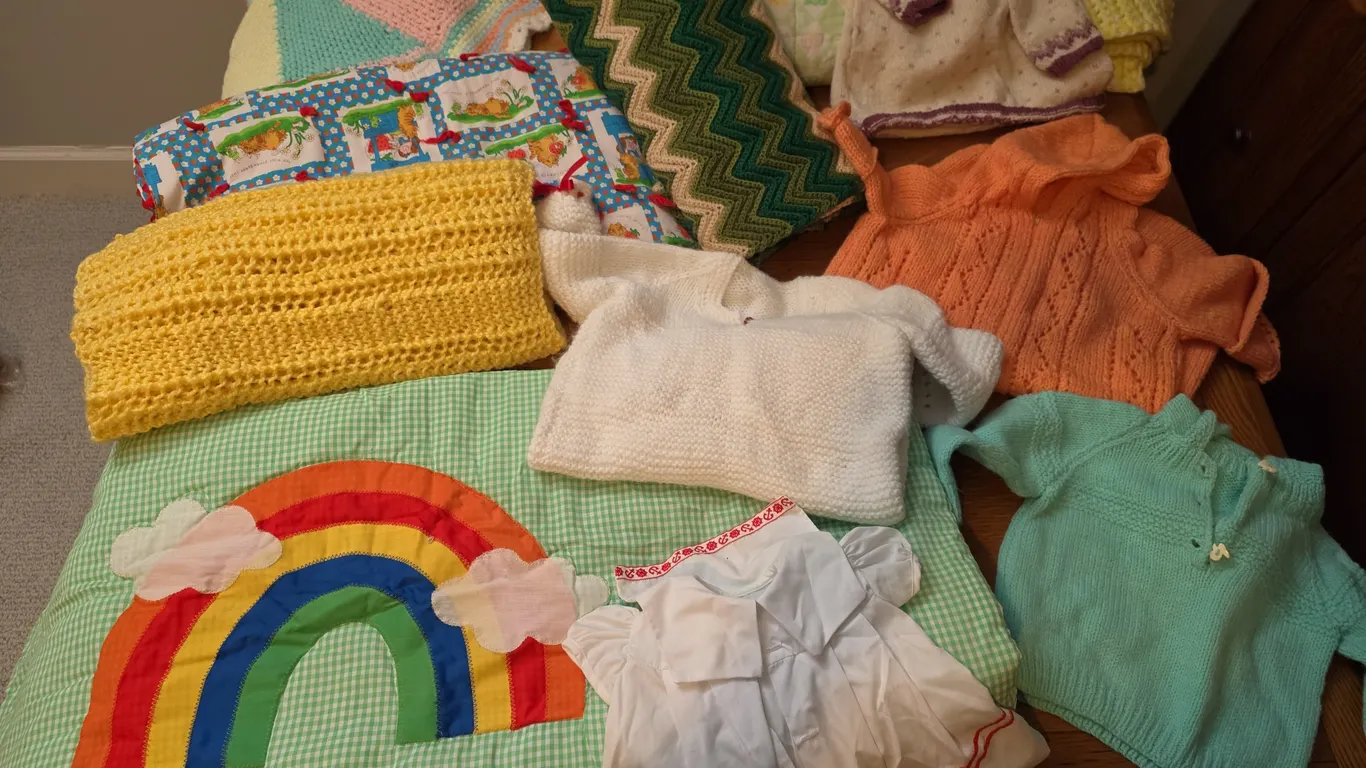 Vintage Hand-Knit and Crocheted Baby Item Lot with Shoes and Quilt