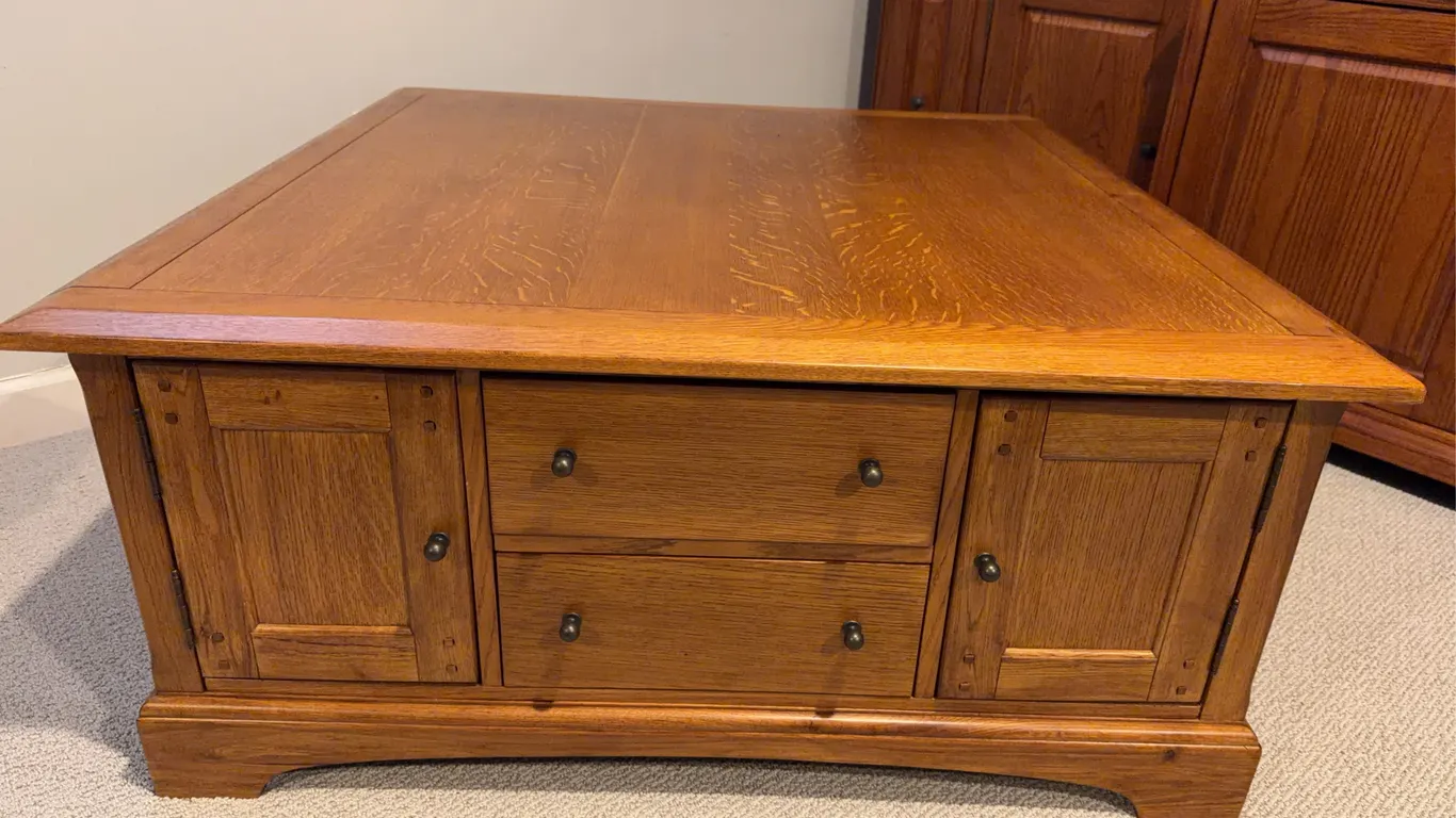 Quartersawn Oak Square Coffee Table with Drawers