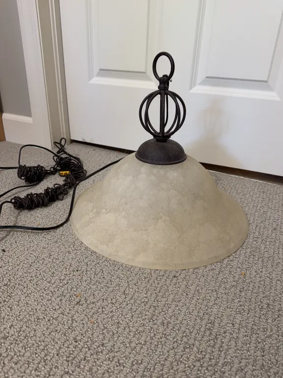 Pendant Light Fixture with Concrete-Look Shade and Iron Scroll Finial