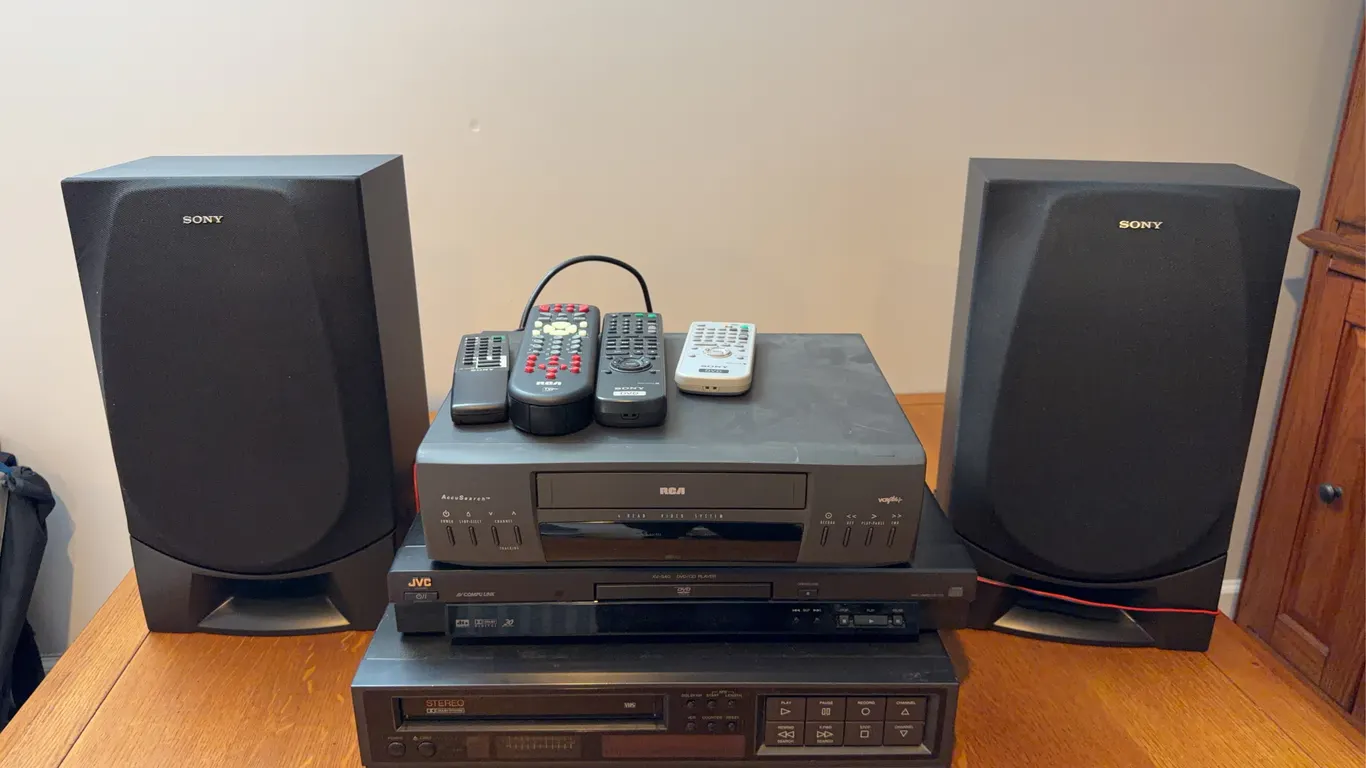 Sony Speakers, RCA VCRs, JVC DVD/CD Player with Remotes