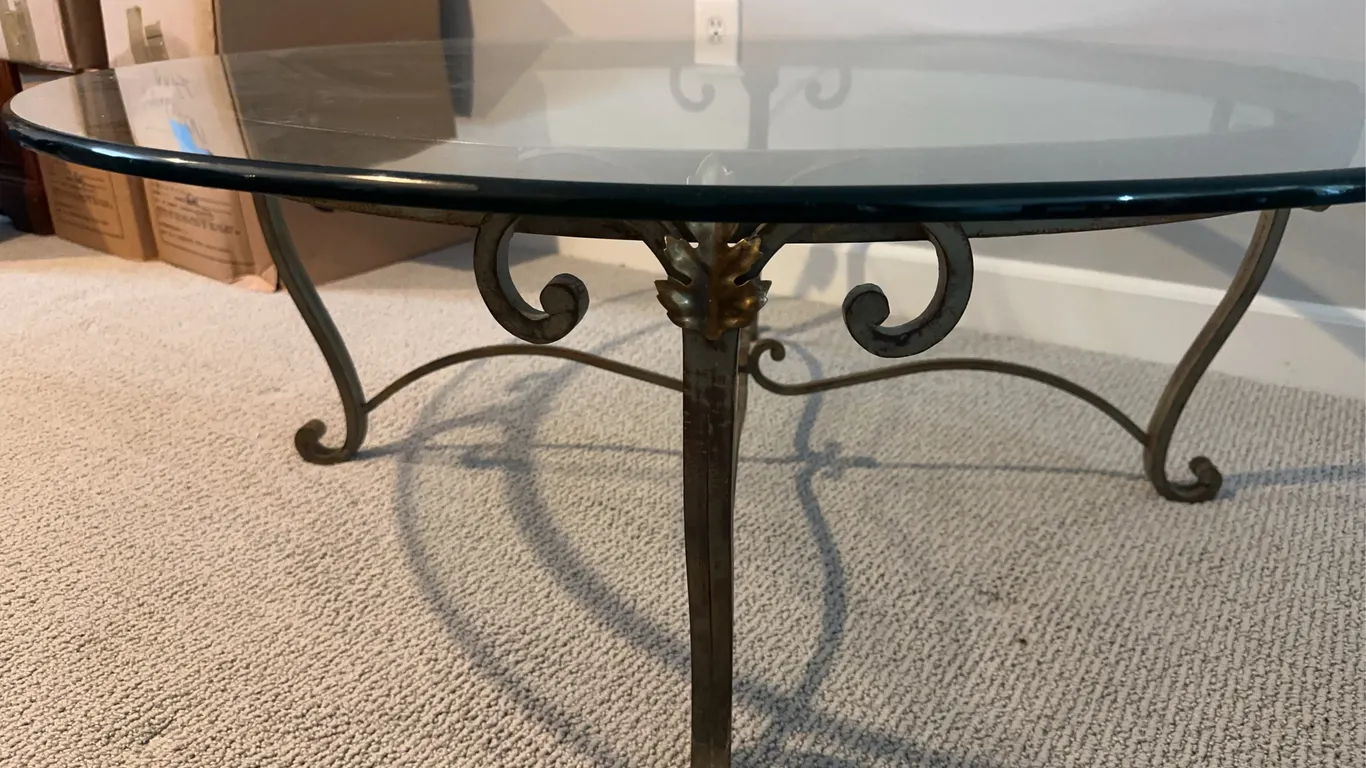 Round Glass-Top Coffee Table with Scrolled Iron Base