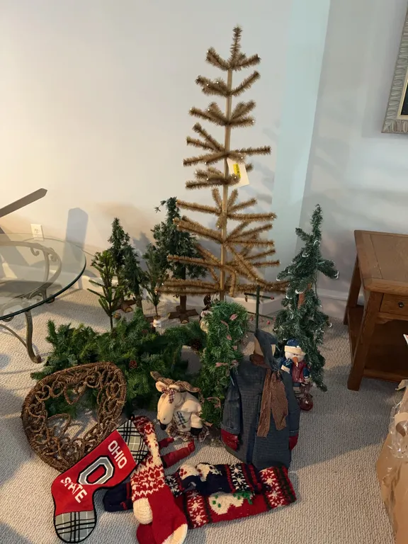Christmas Decor Lot - Feather Tree, Mini Trees, Stockings and Ornaments