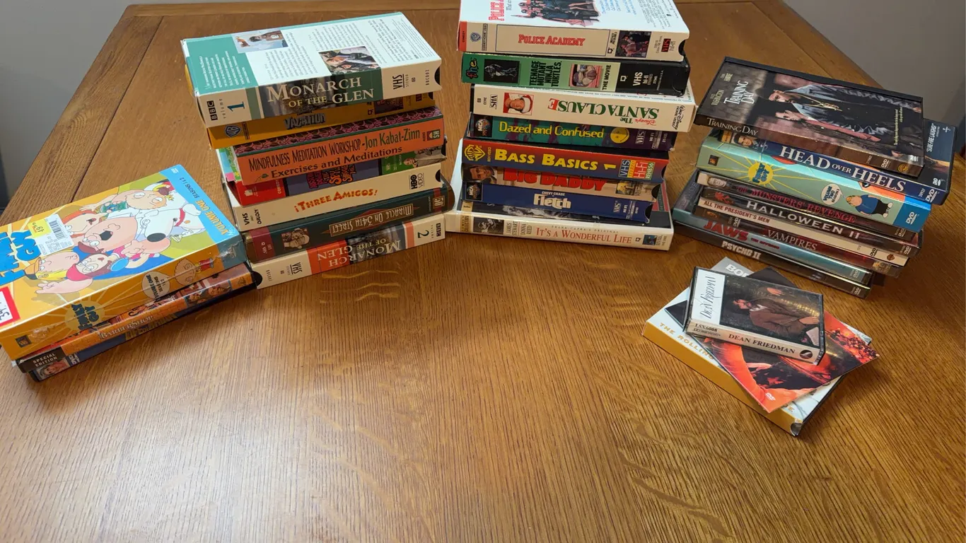 Large Lot of VHS Tapes, DVDs and Cassettes - Movies, TV and Music