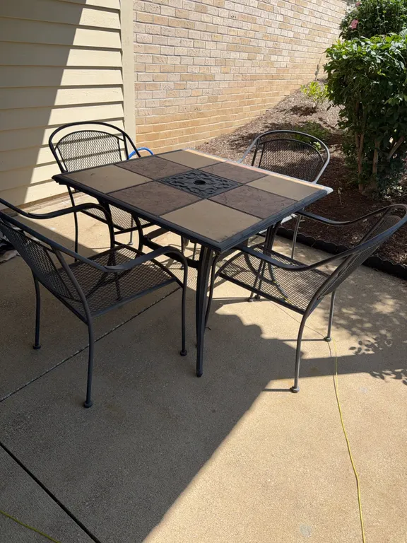 Tile-Top Patio Table with 4 Wrought-Iron Chairs and Cushions