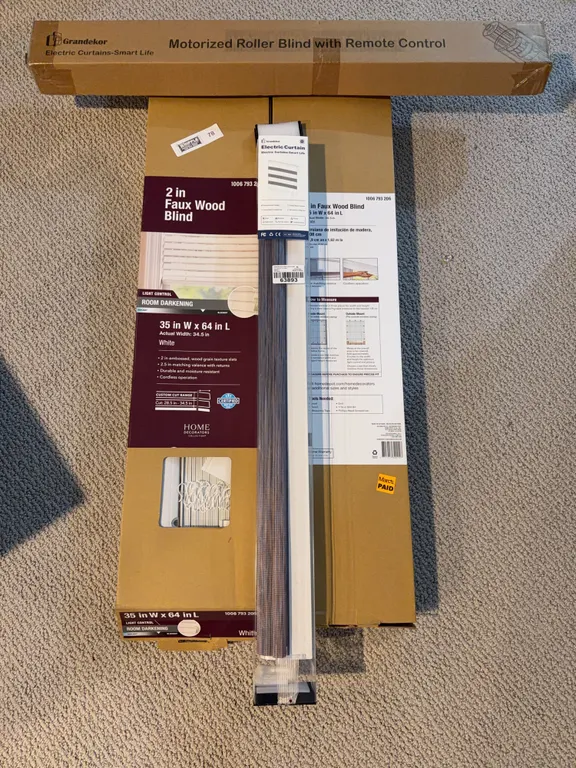 Home Decorators Faux Wood Blind and Grandekor Motorized Roller Blind Lot