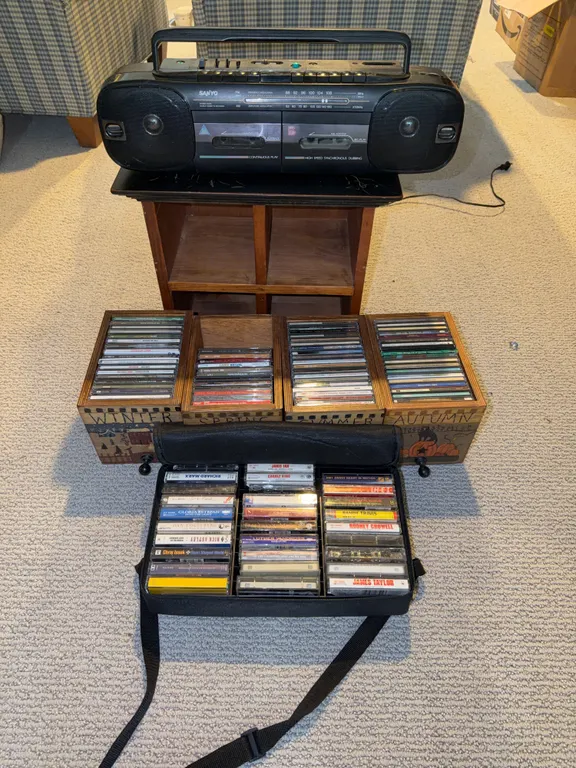 Sanyo Boombox, CD/Cassette Storage Cabinet, and Large Music/Movie Media Lot