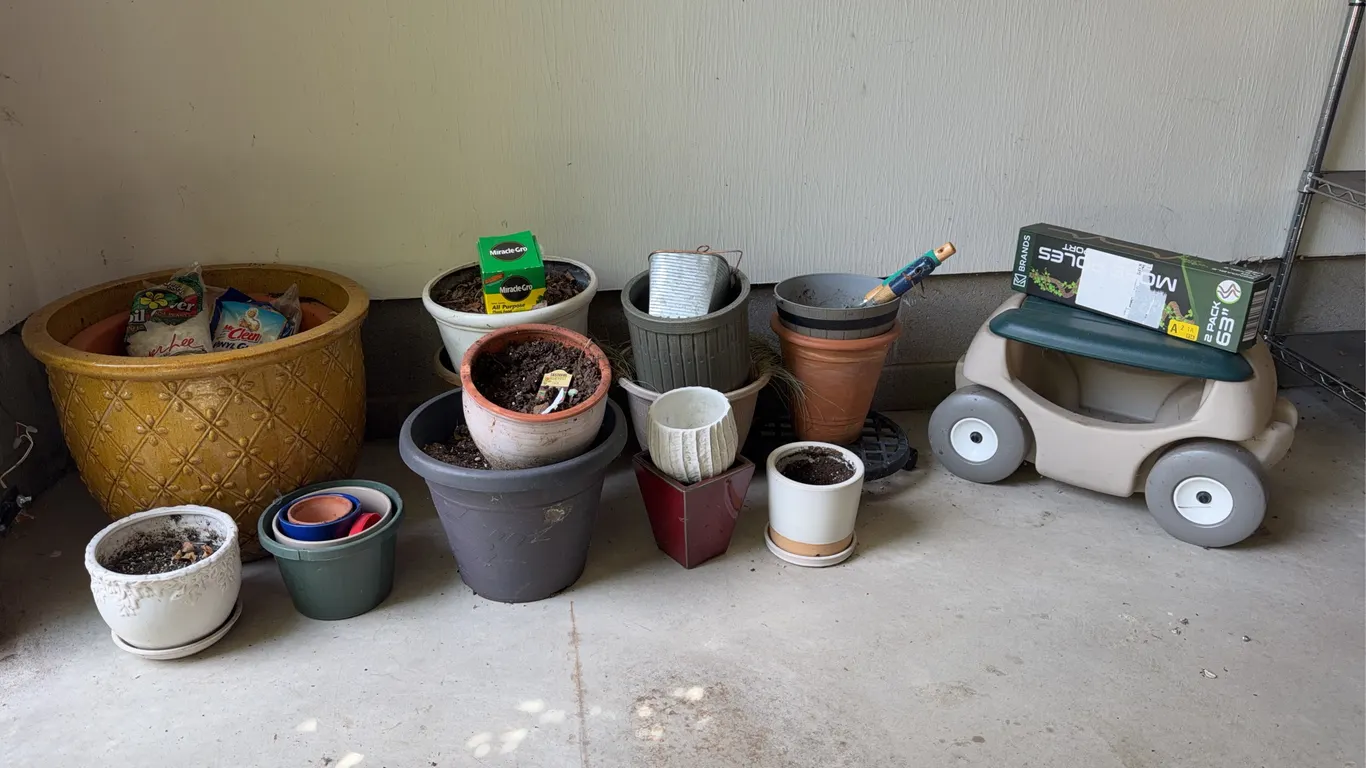 Assorted Flower Pots and Planters with Rolling Garden Seat Cart