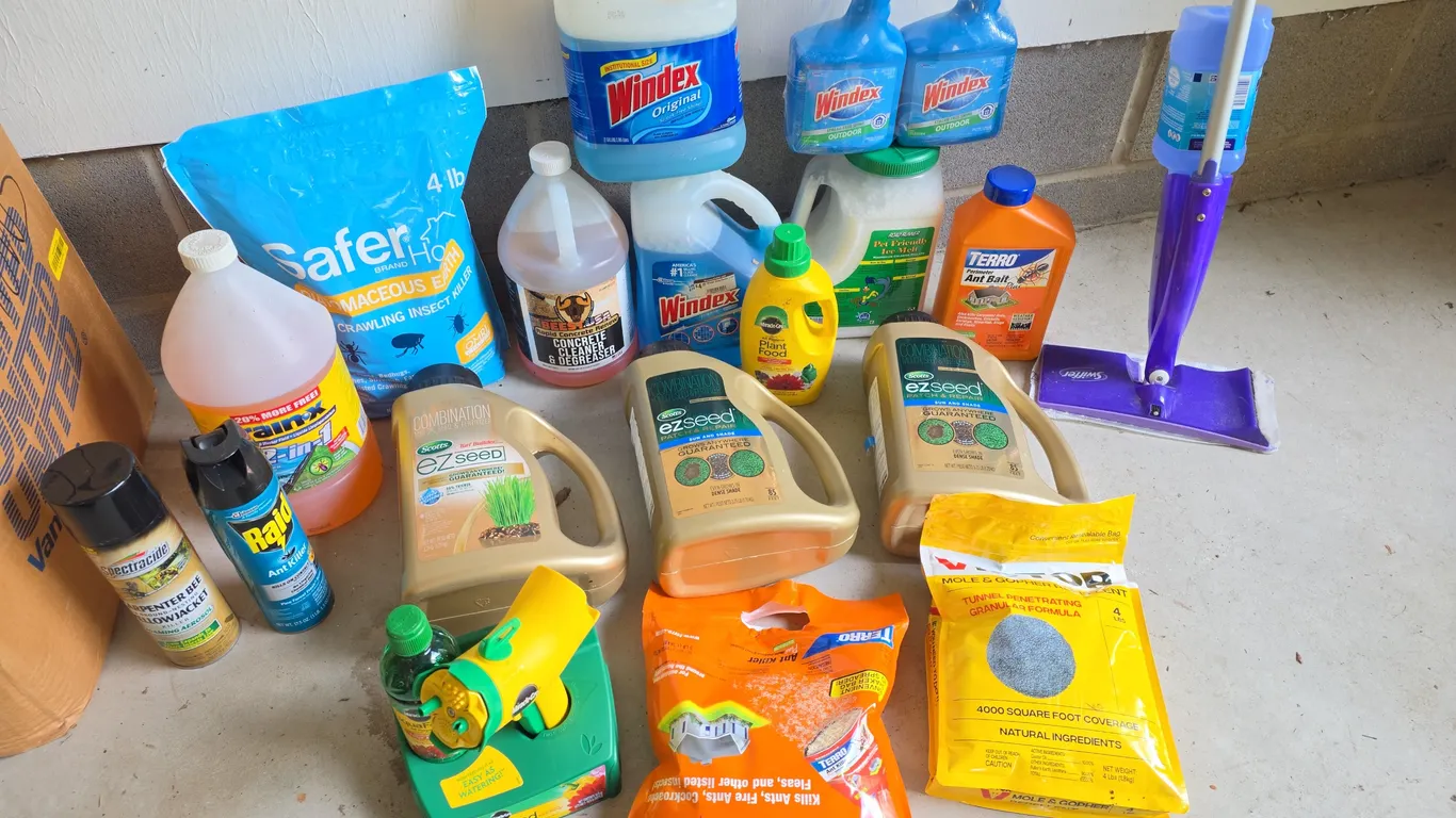 Lawn and Garden Chemical Lot - Windex, Scotts EZ Seed, Terro, Swiffer WetJet