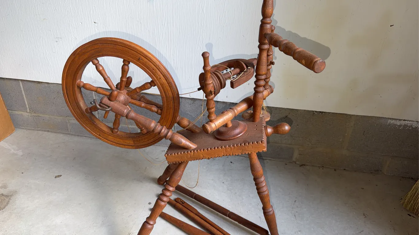 Antique Wooden Flax Spinning Wheel with Bobbins and Distaff