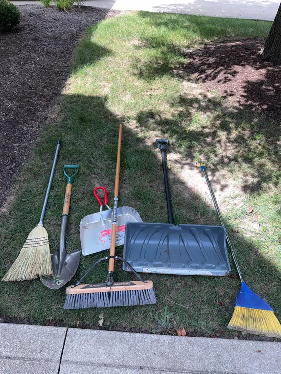 Lawn and Garden Tool Lot - Shovels, Brooms, Dustpan