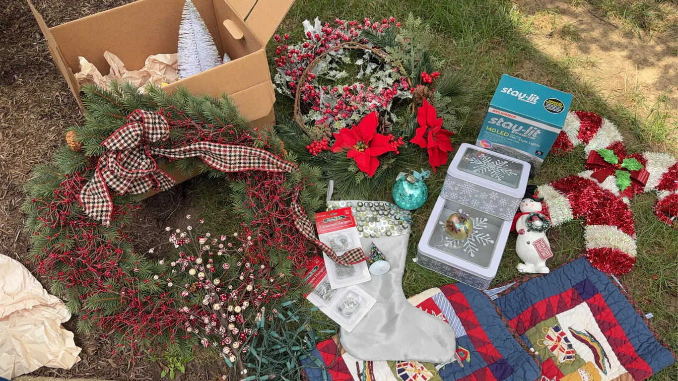 Christmas Decor Lot: Wreaths, Bottle-Brush Trees, Ornaments, Quilted Runner