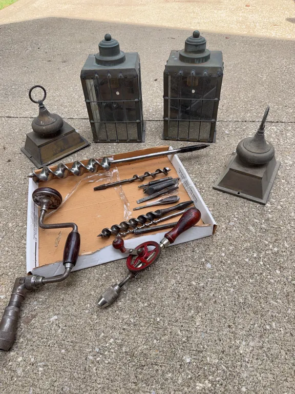 Vintage Lantern Light Fixtures and Antique Hand Drill Tool Lot