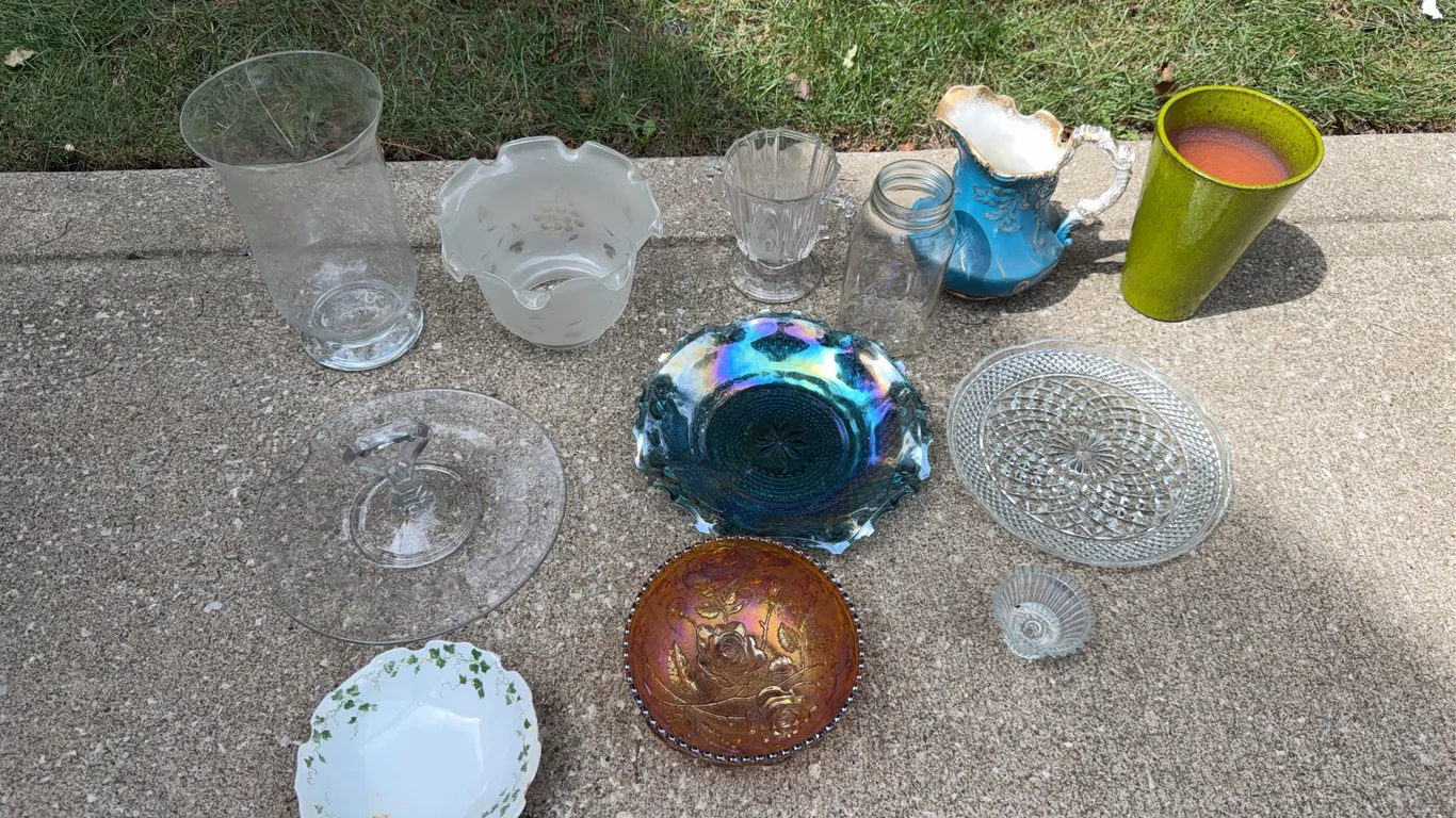 Mixed Glass and China Lot - Carnival Glass, Antique Pitcher, Vases, Plates