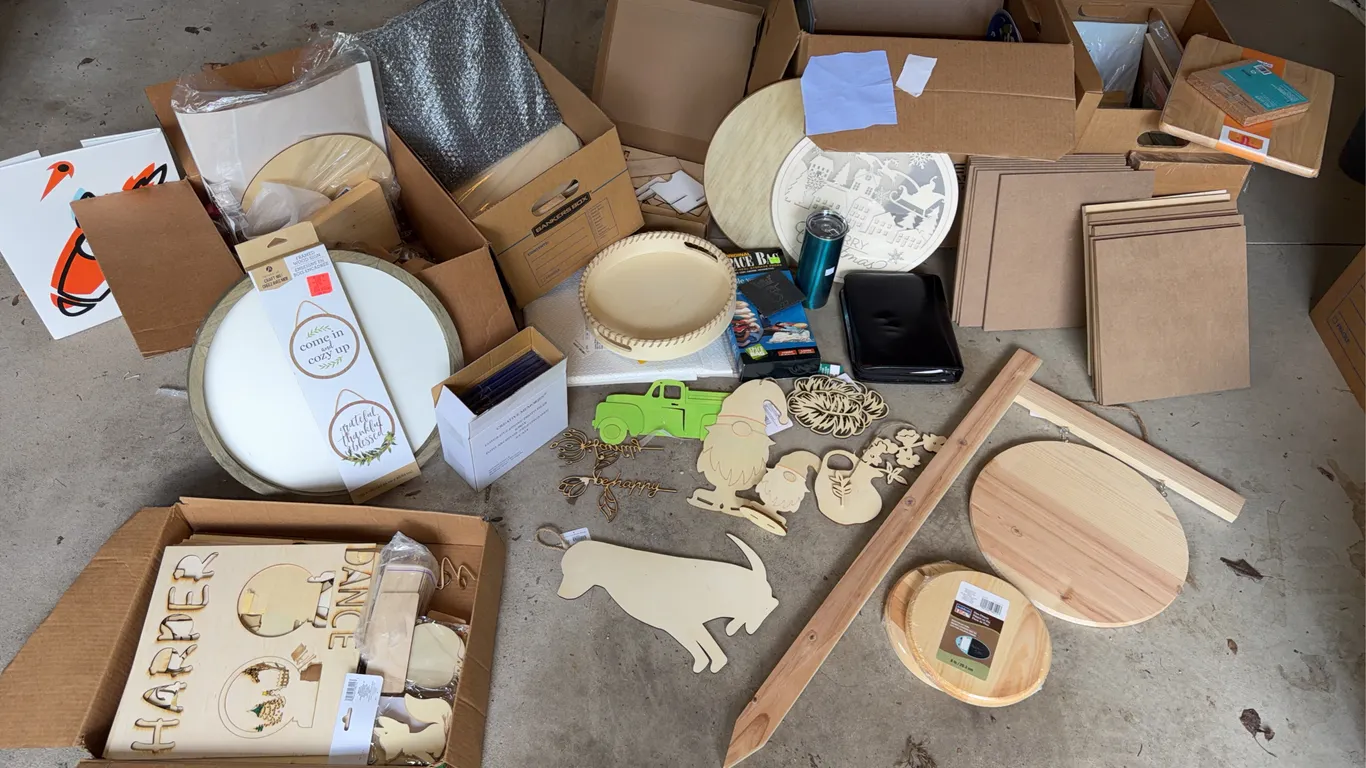 Large Craft Lot: Wood Cutouts, Signs, Cutting Boards and Sewing Scraps