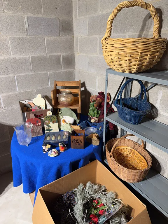 Holiday Decor Lot: Baskets, Ornaments, Moose and Snowman Figures
