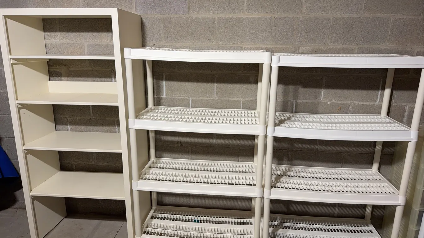 Wood Bookcase and Plastic Utility Shelving Set