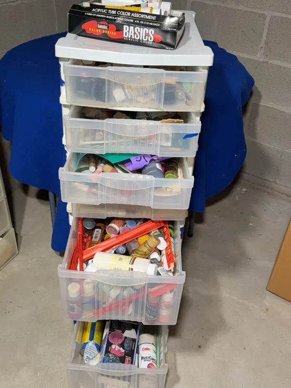 Rolling Storage Cart Full of Craft Paint and Supplies