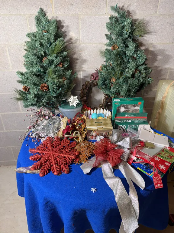 Christmas Decor Lot - Lit Trees, Jingle Bell Wreath, Snowflakes, Lights
