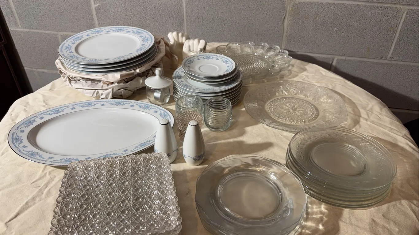 Blue Floral Porcelain Dinnerware Set with Pressed Glass Servingware