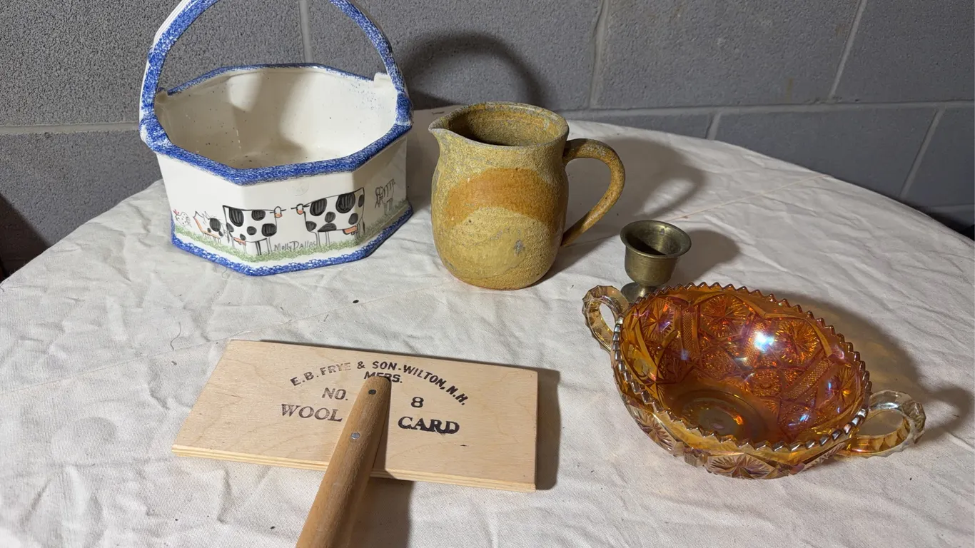 Molly Dallas Cow Basket, Stoneware Pitcher, Wool Card & Carnival Glass Lot