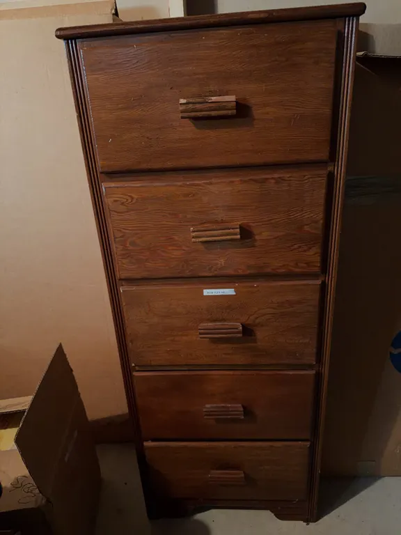 Tall 5-Drawer Wood Chest and Round Scroll-Leg Parlor Table