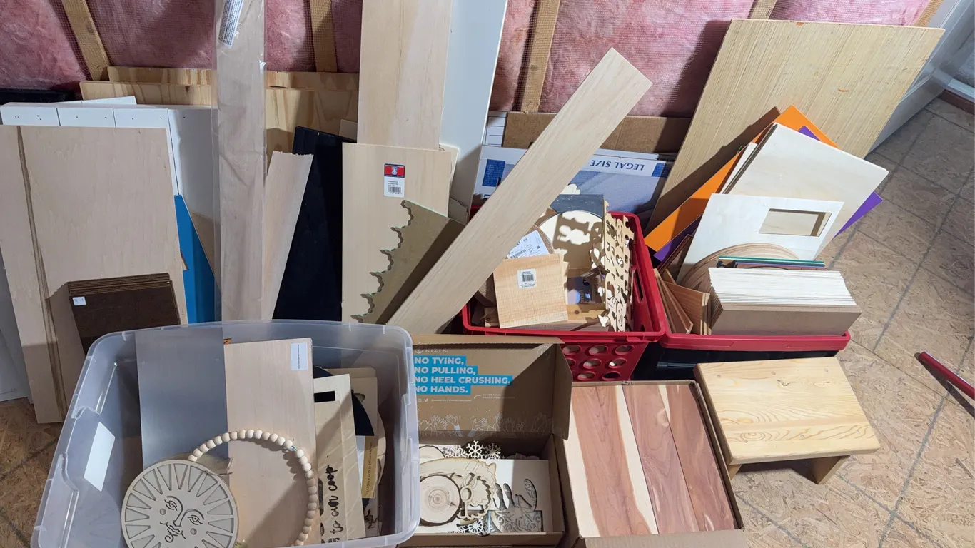Large Wood Crafting Supply Lot - Plywood Blanks, Cutouts, Stool