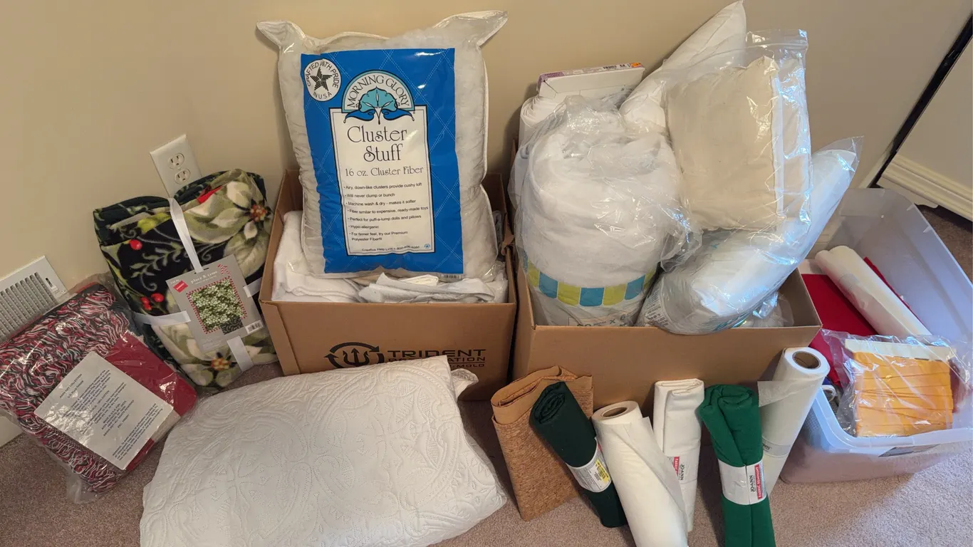 Sewing and Craft Supply Lot - Batting, Fabric, Pillow Forms, Throws