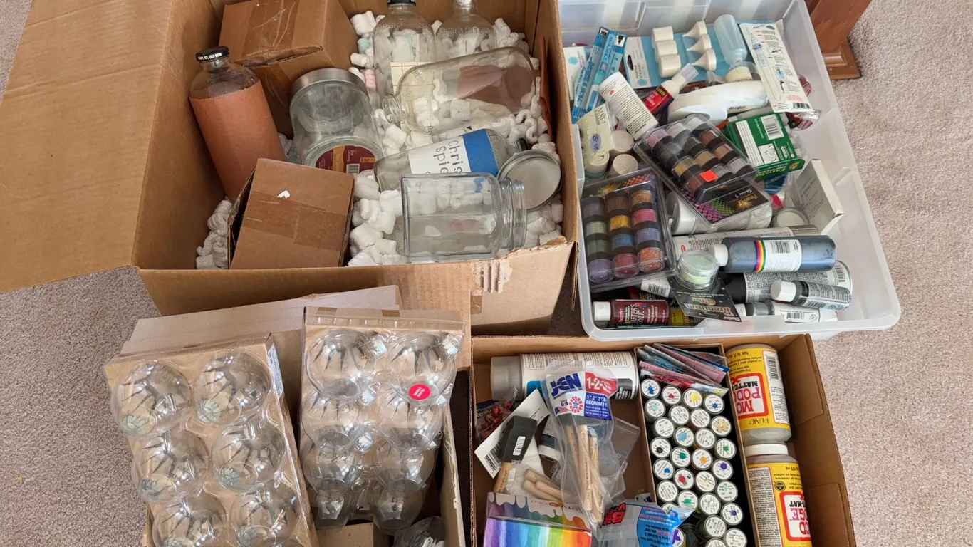 Large Craft Supply Lot - Paint, Glitter, Sequins, Glass Jars, Glue