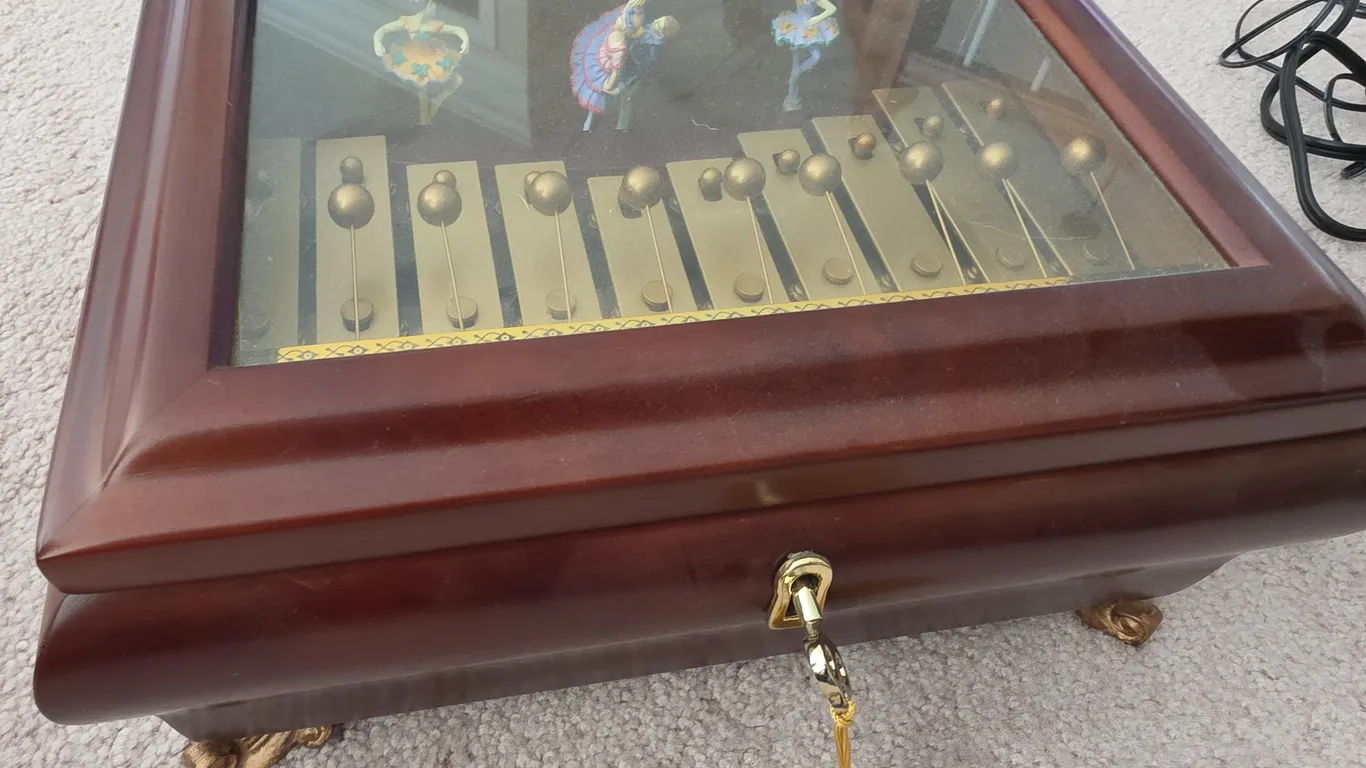 Mahogany Musical Jewelry Box with Rotating Ballerinas and Bell Chimes