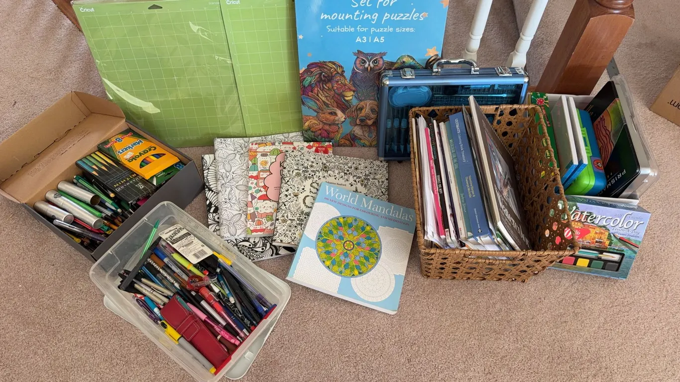 Large Adult Coloring and Craft Supply Lot - Cricut Mats, Watercolor Pad, Art Cases