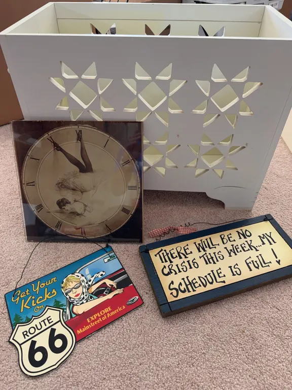 Decorative Wood Book Crate, Pin-Up Clock, and Route 66 Wood Signs