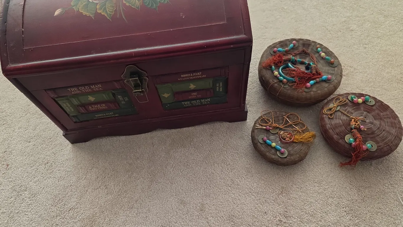 Vintage Sewing Lot: Book-Style Chest, Woven Baskets, Buttons, & Vintage Glass Marbles