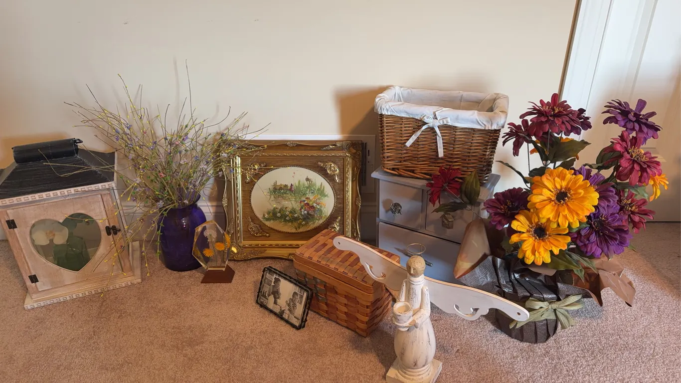 Home Decor Lot: Gilt Framed Print, Wicker Basket, Angel Candle Holder