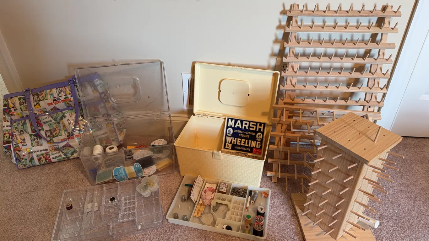 Vintage Sewing Notions Lot with Thread Spool Racks and Organizers