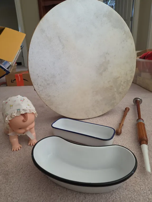 Waltons Irish Bodhran Drum, Kockums Enamelware and Vintage Baby Doll Lot
