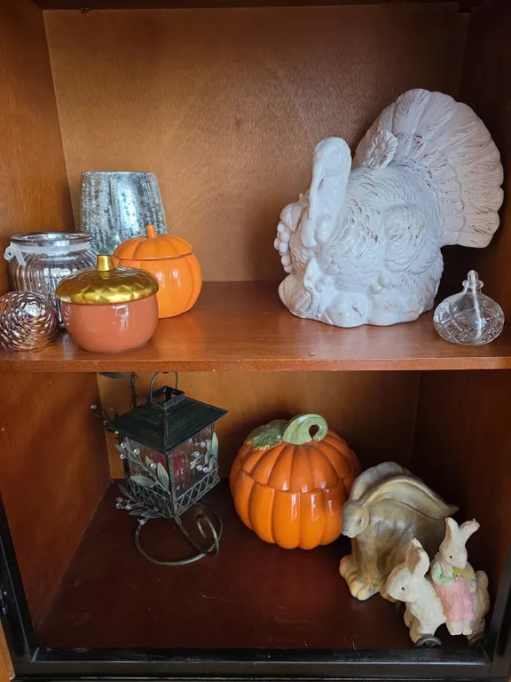 Fall Decor Lot: Ceramic Turkey, Pumpkins, Bunnies, Mercury Glass