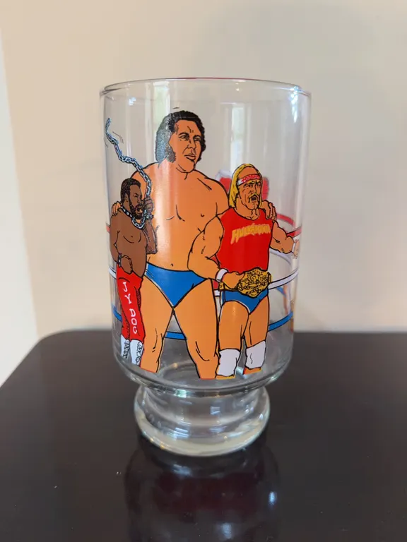 Vintage 1985 WWF Wrestling Glass - Hogan, Andre, Piper, Iron Sheik